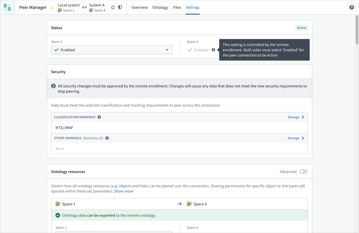 The Settings tab in Peer Manager allows administrators to modify a connection.