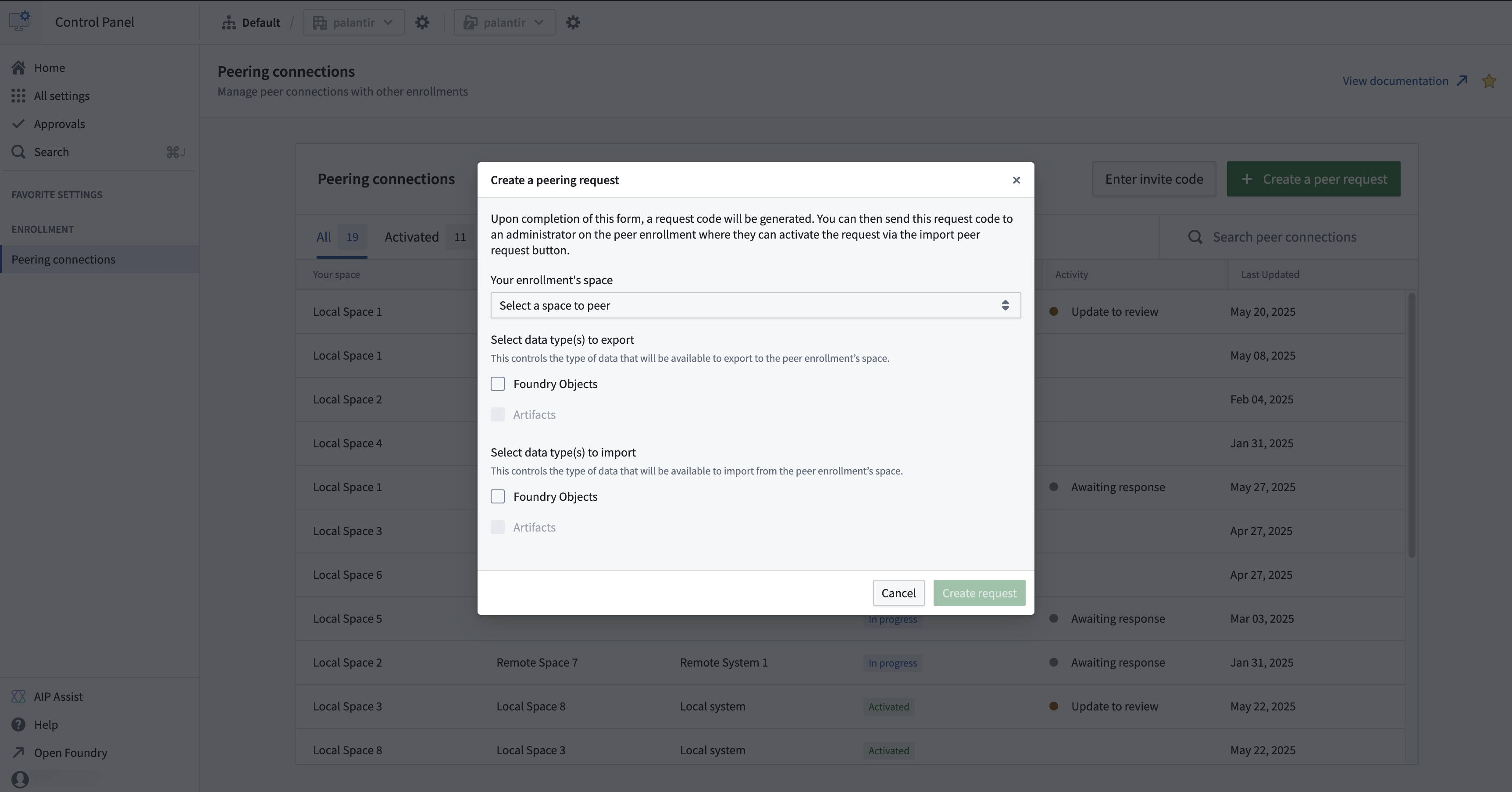 Peering connections's create a request dialog.