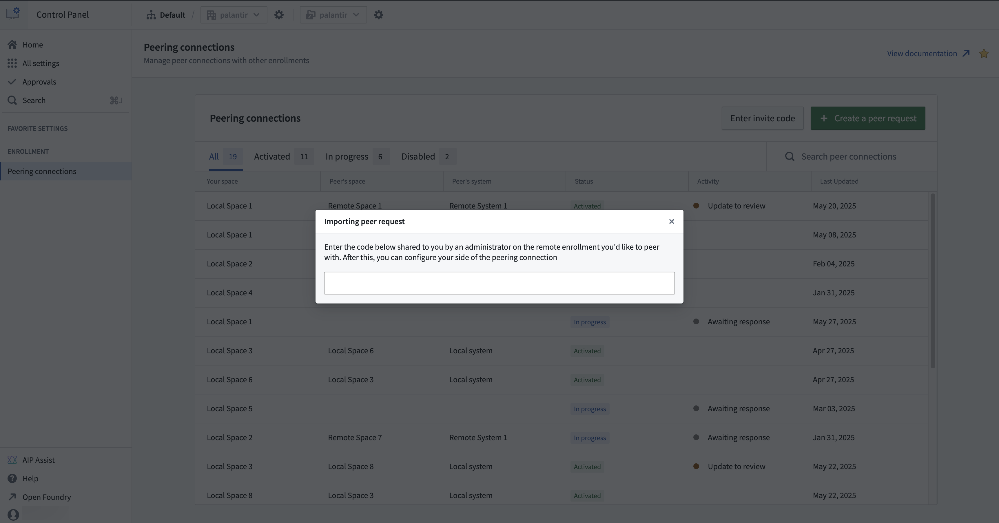 Peering connections's import code dialog.
