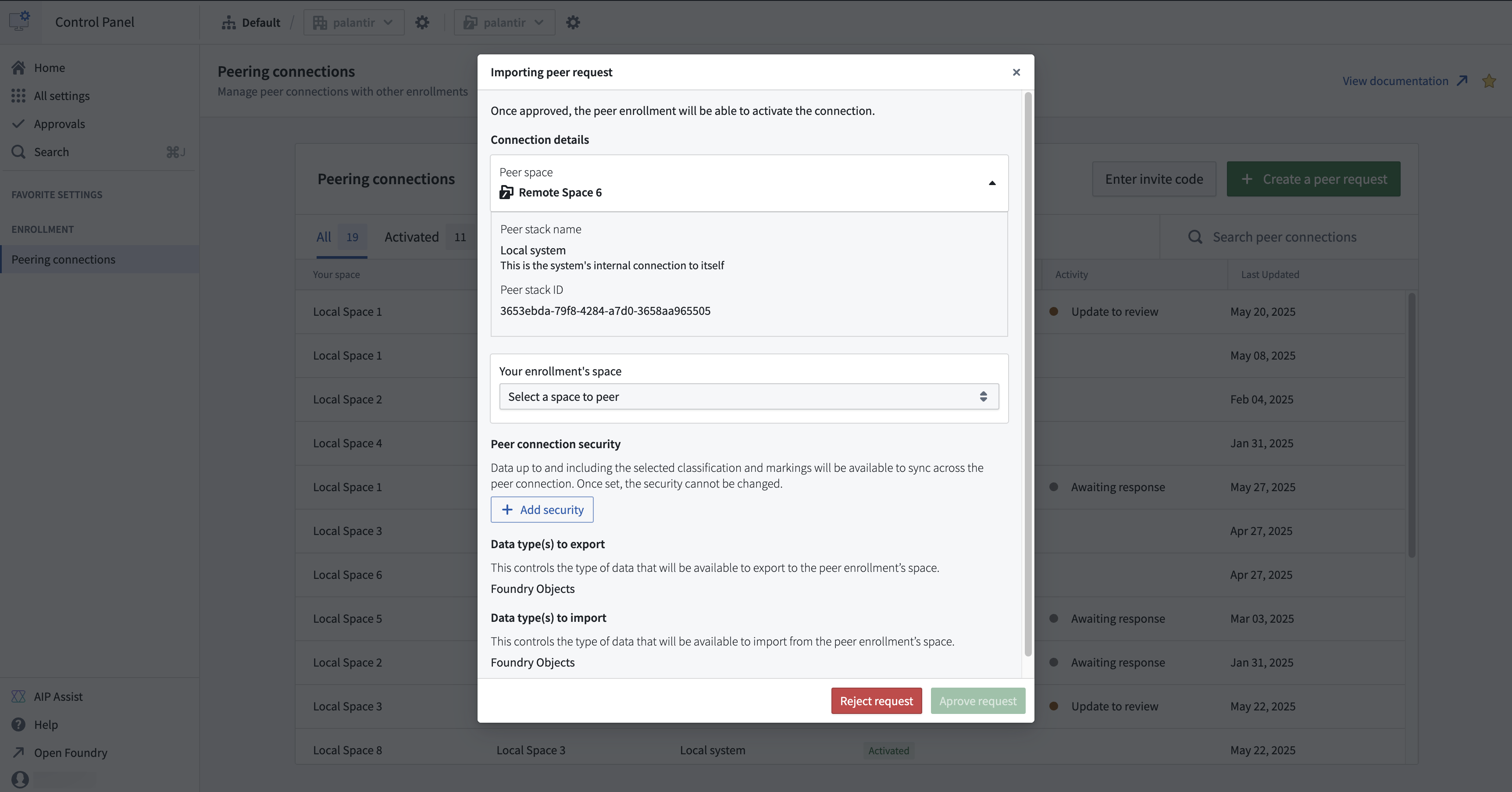 Peering connections's imported code dialog.