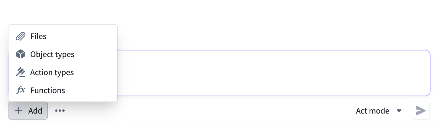The Add menu showing options for attaching ontology context, documents, and images.
