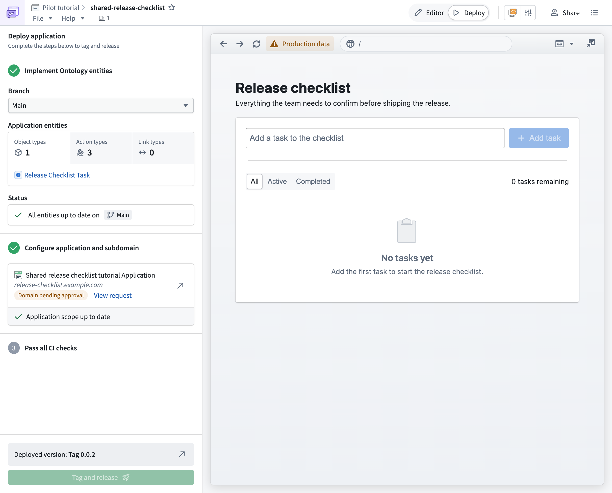 The deployment view confirms that the existing task model is up to date on Main and shows the production checklist.