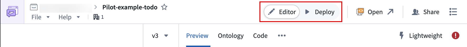 The Editor and Deploy view toggle in the content header.
