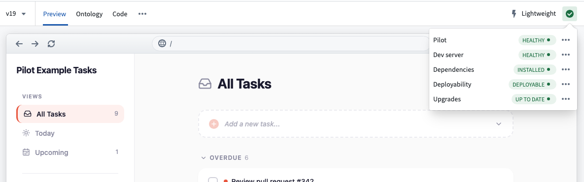 The status monitoring popover showing health indicators for the Pilot session.