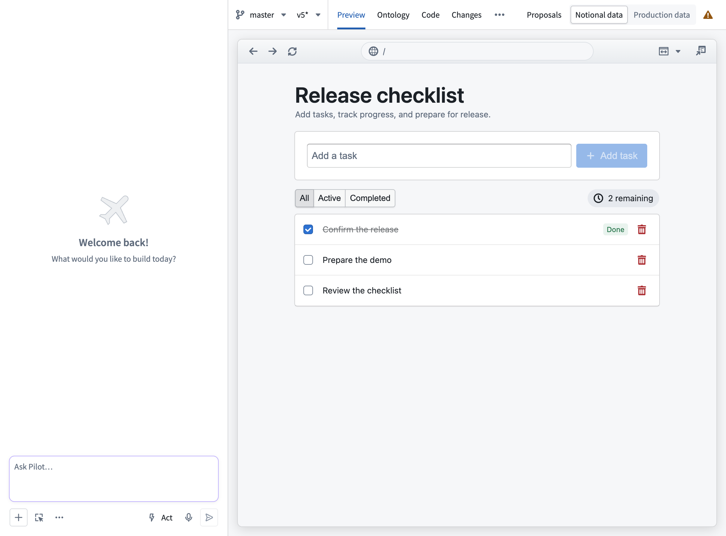 The Preview tab shows a generated application and its browser-style toolbar.