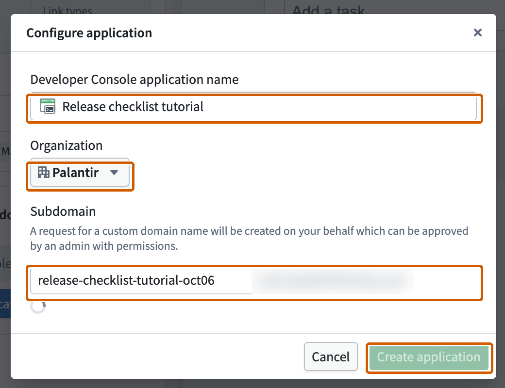 The Configure application dialog shows the application name, organization, subdomain field, and Create application button.