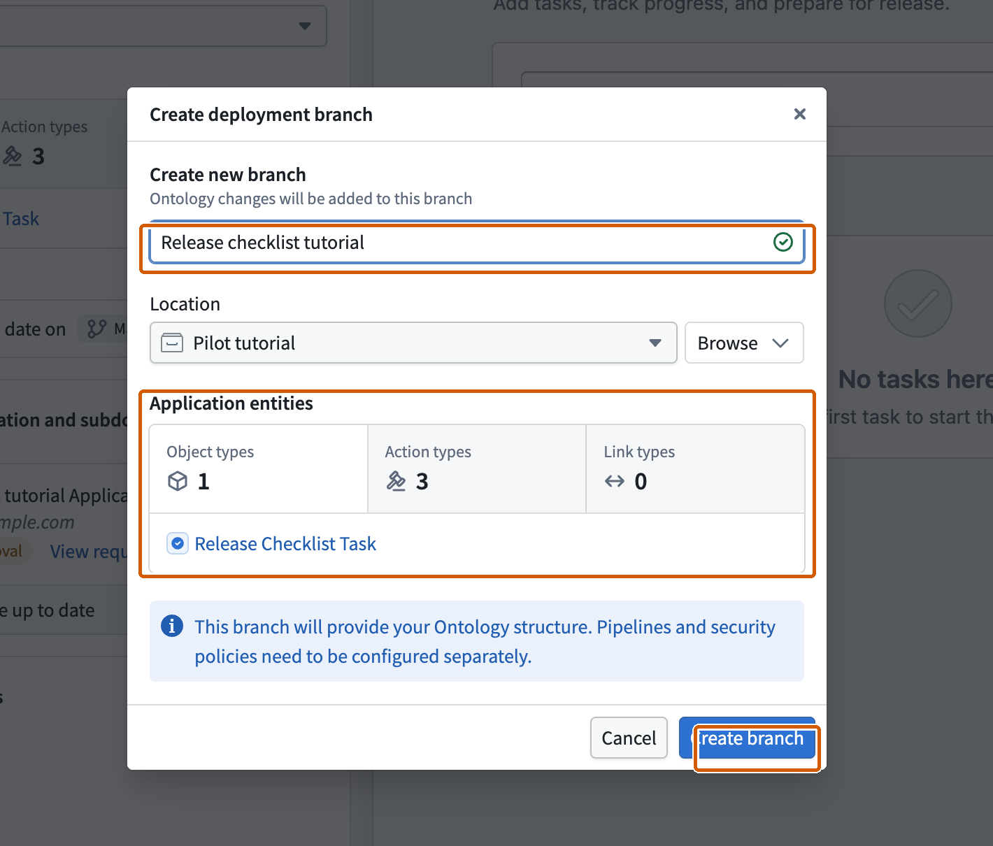 The Create deployment branch dialog shows the branch name, save location, one object type, and three action types.