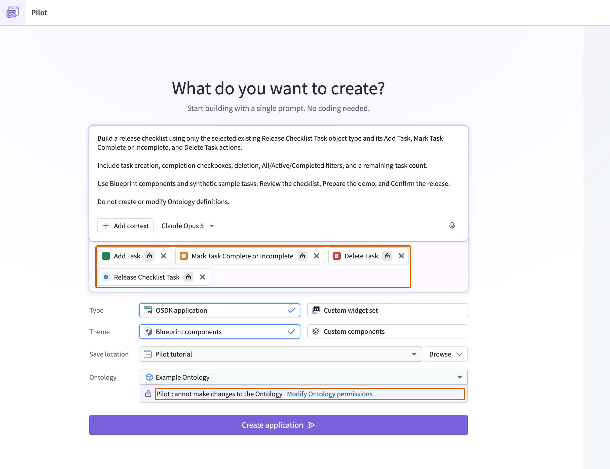 The welcome form shows an existing task object type and three action types attached beneath the prompt, with Ontology changes prohibited.