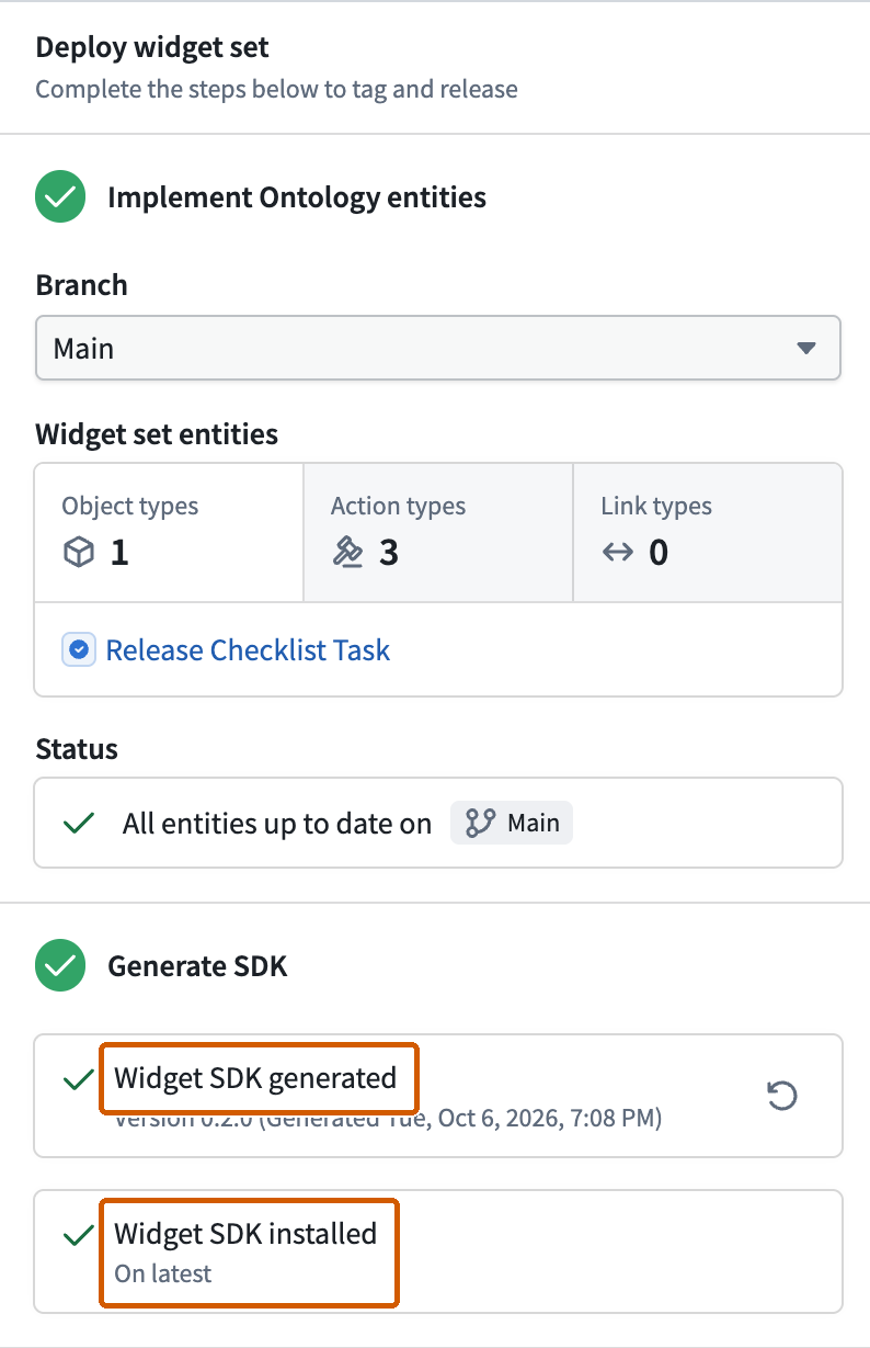 The widget deployment checklist shows the generated SDK installed and on the latest version.