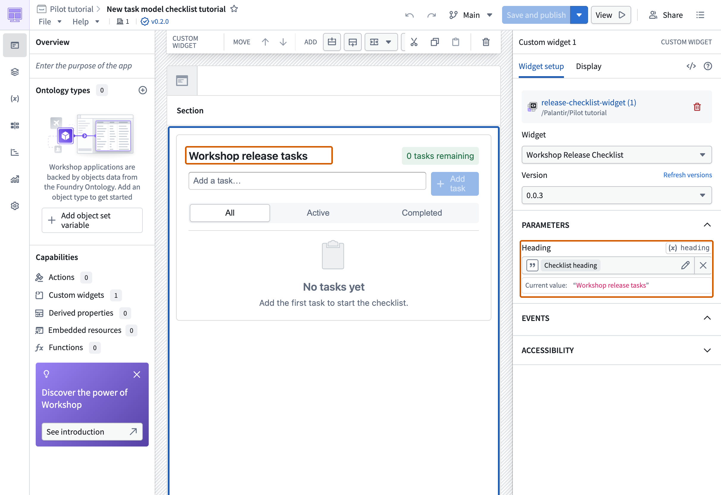 The Workshop editor shows Heading bound to Checklist heading and the resulting Workshop release tasks title.