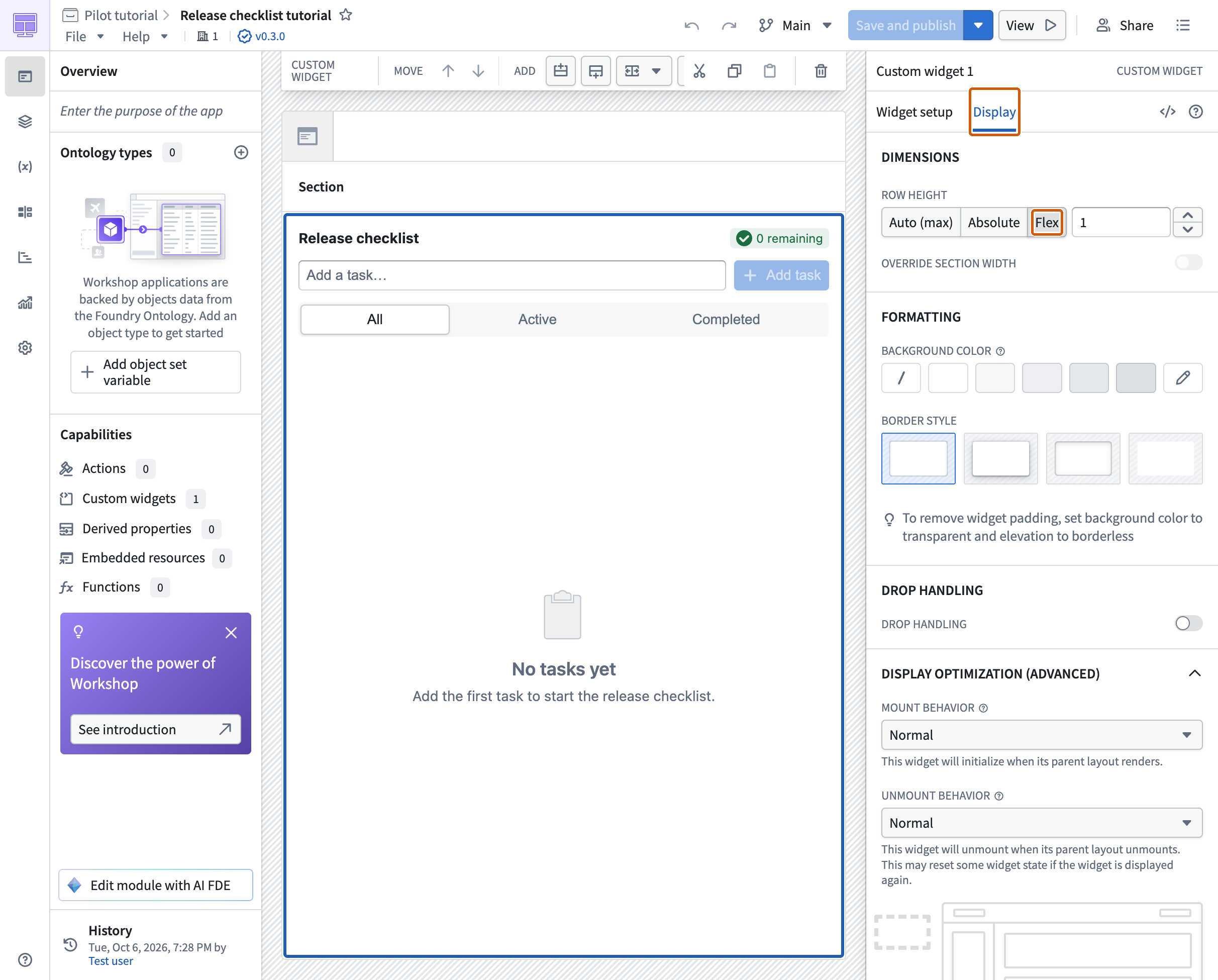 The Workshop editor shows the checklist widget and its Flex row-height setting in the Display panel.