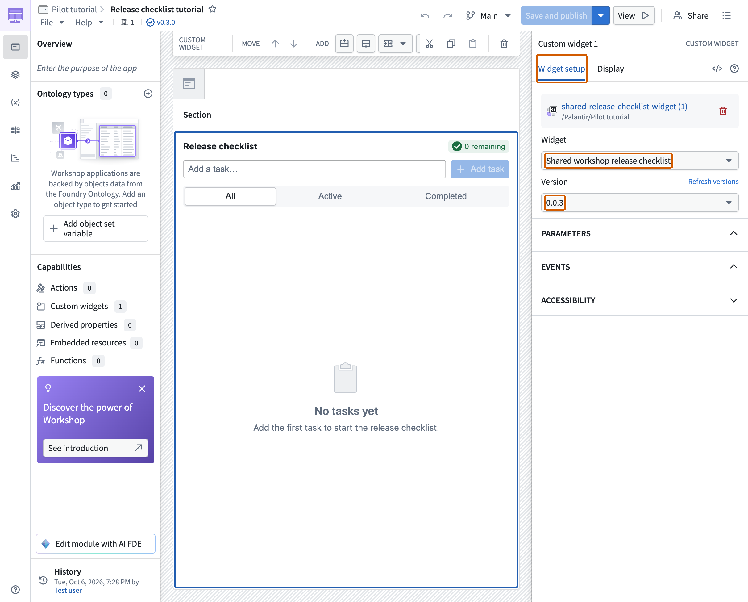 The Workshop Widget setup panel shows the selected checklist widget and published version.