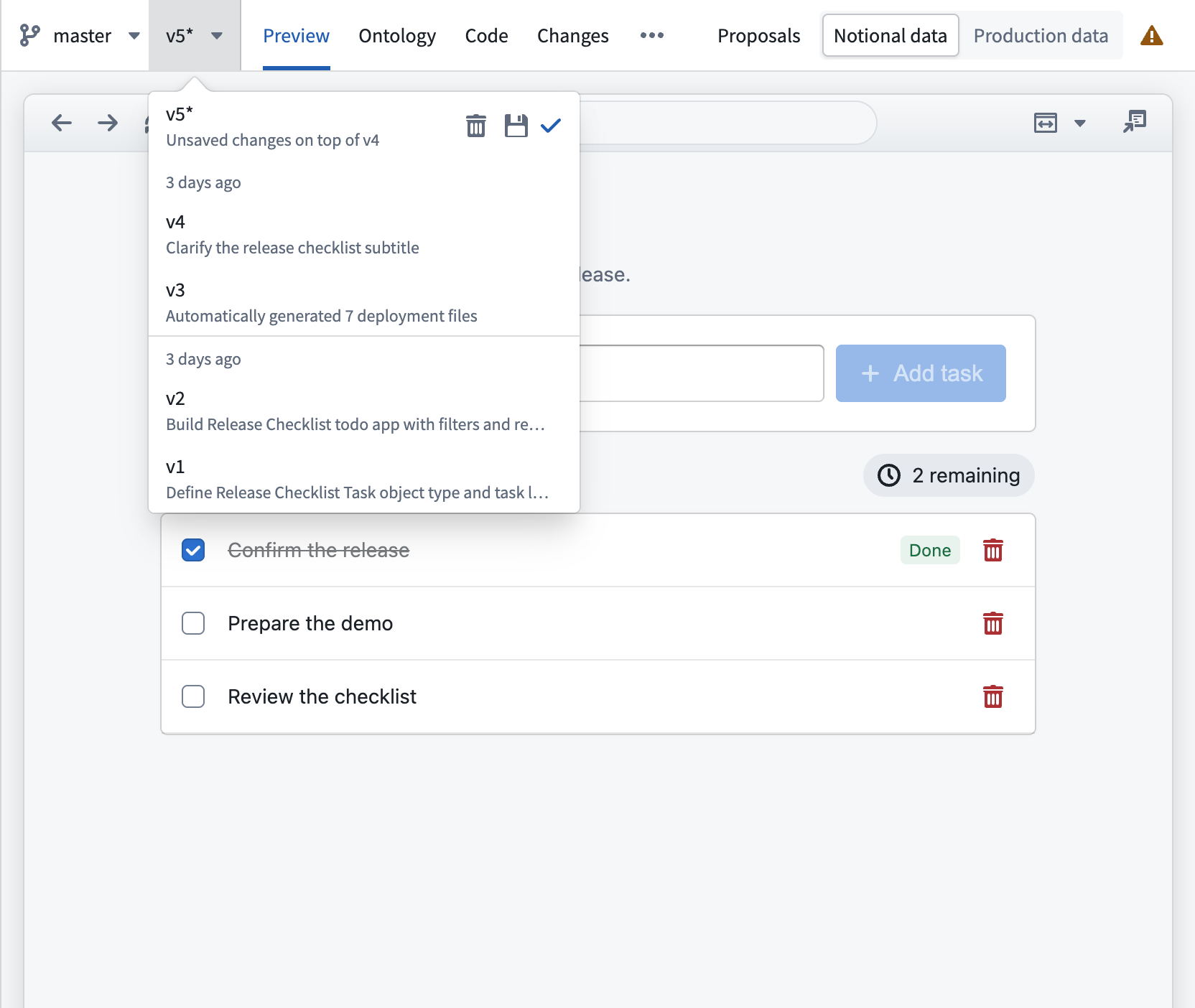 The version selector shows unsaved changes, save and discard icons, and saved versions.