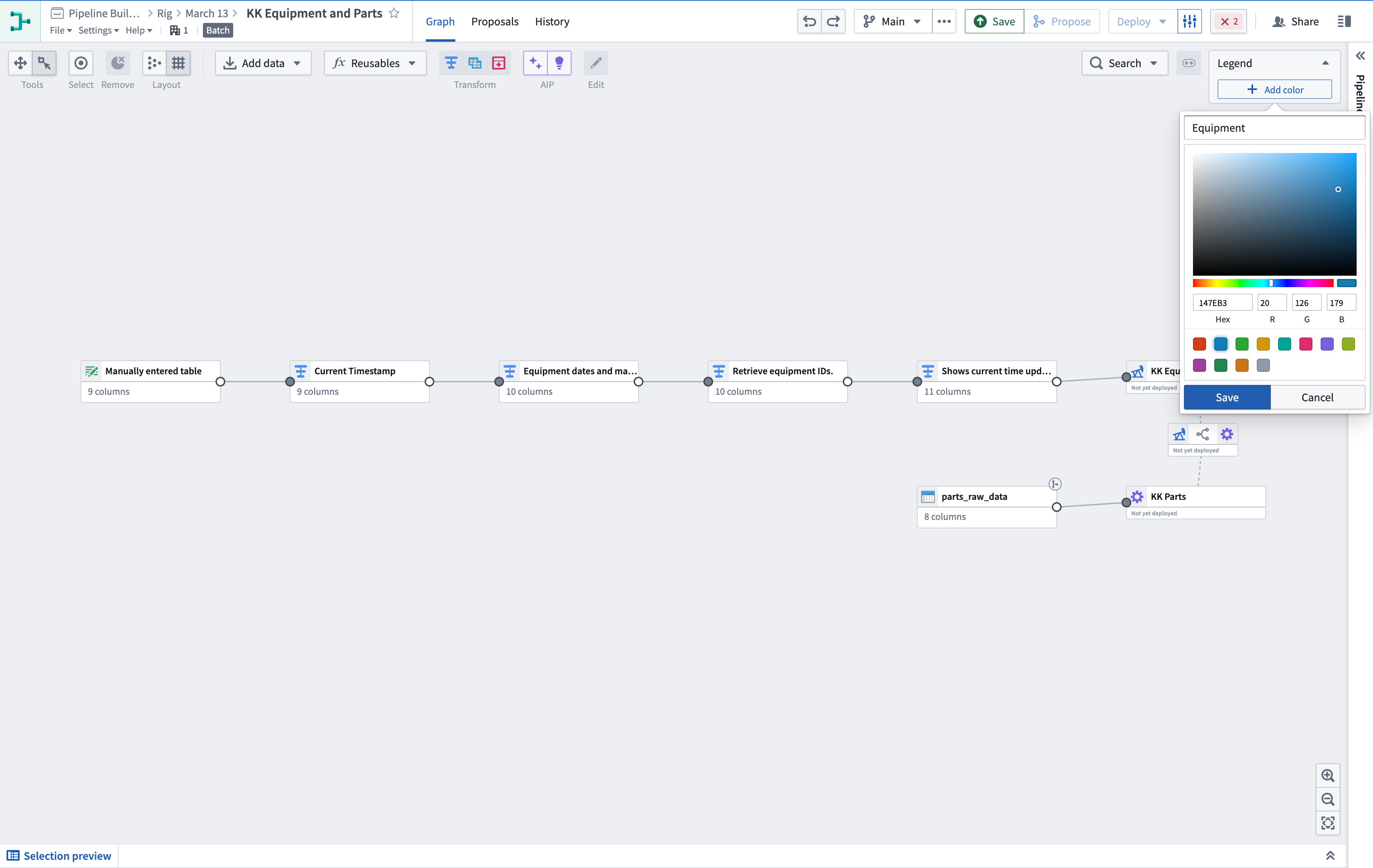 A view of the legend in Pipeline Builder and the button to add a color and create a color group. 