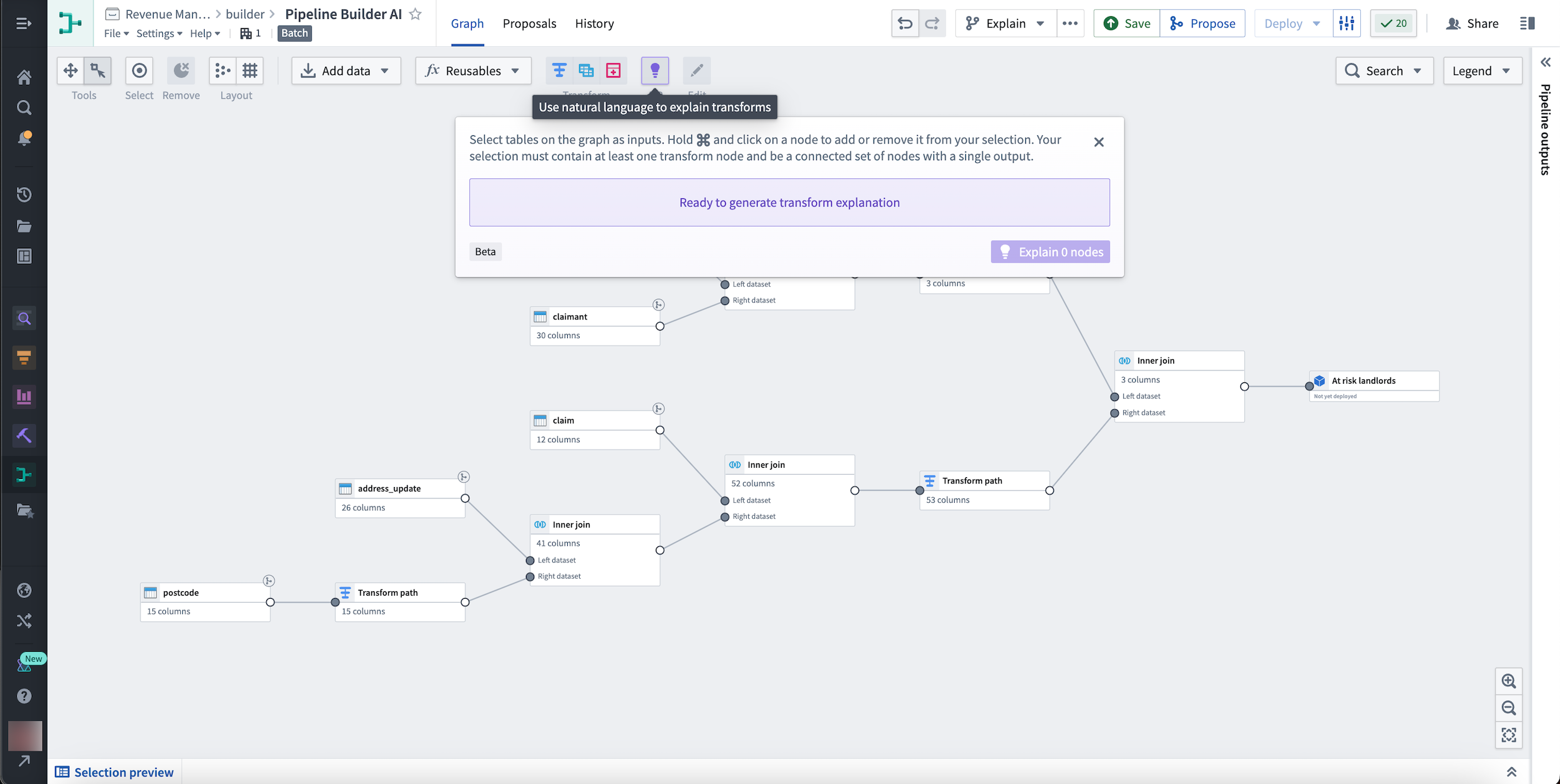 The AIP Explain feature on the Pipeline Builder graph.