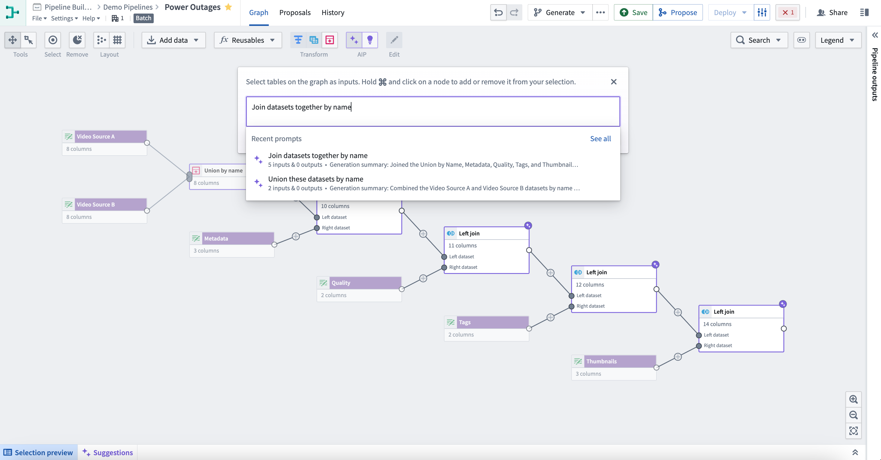 The AIP Generate feature with recent prompts shown.