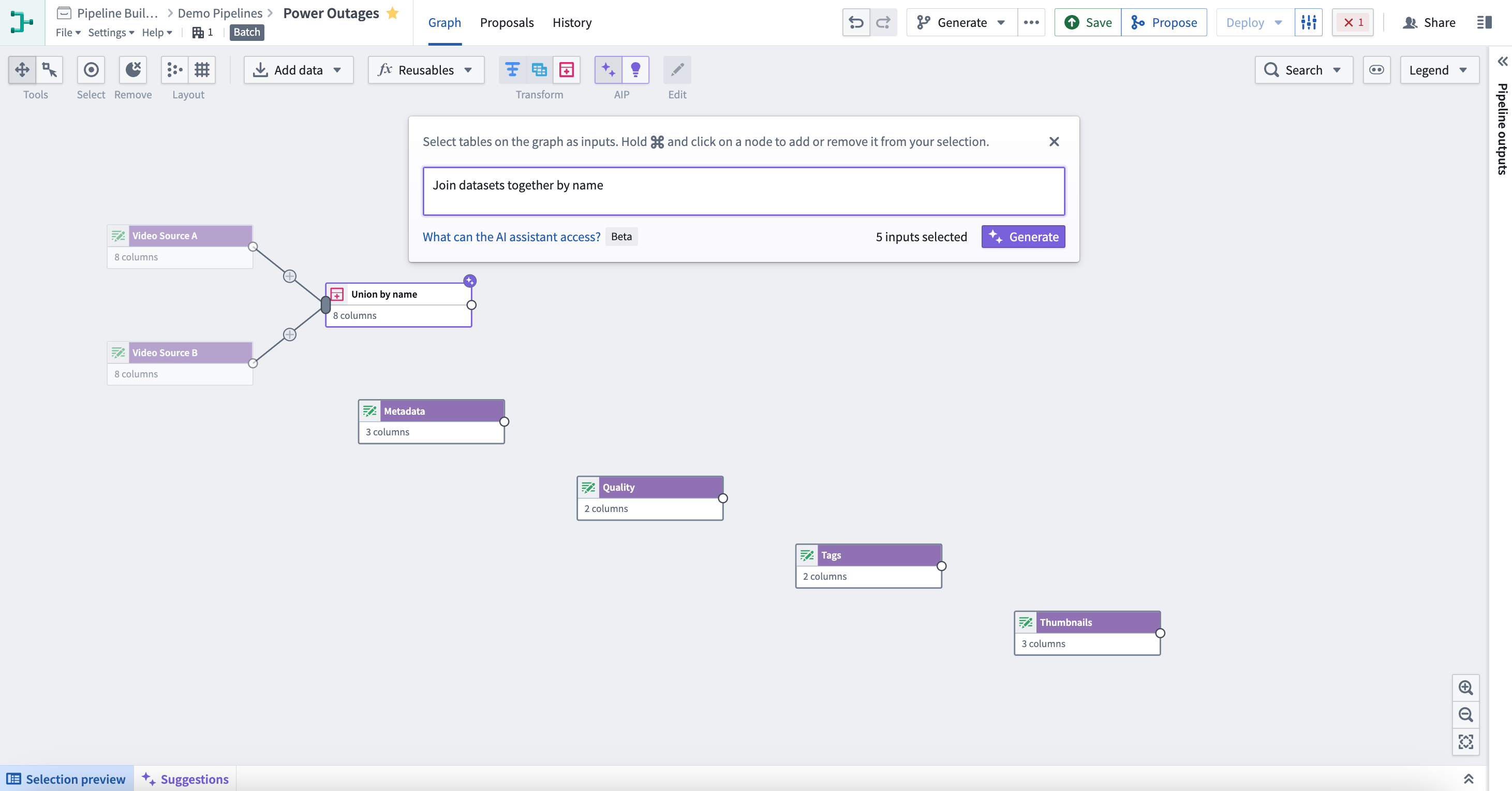 The AIP Generate feature with several joins returned.