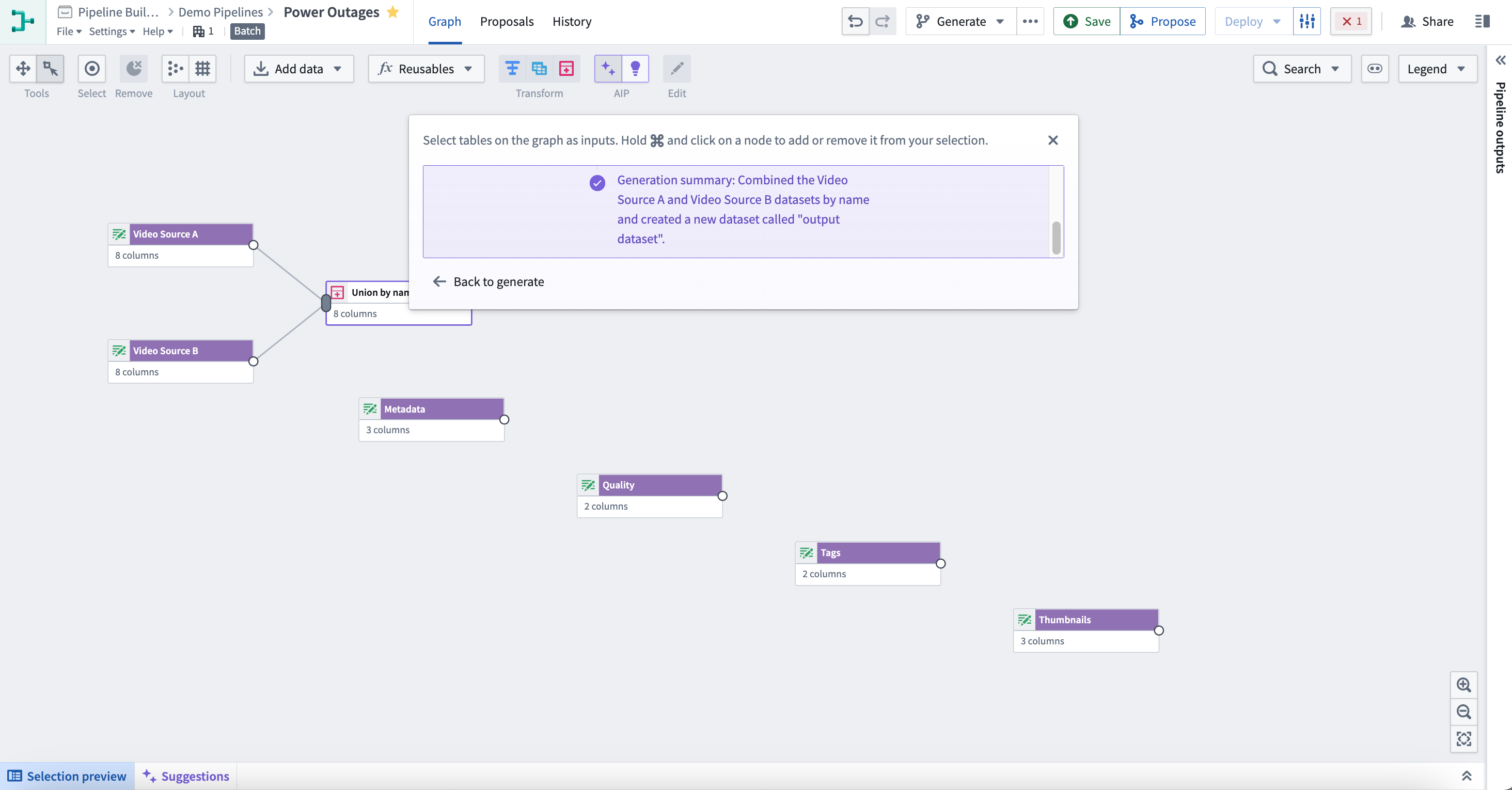 The AIP Generate feature with a union transform returned.