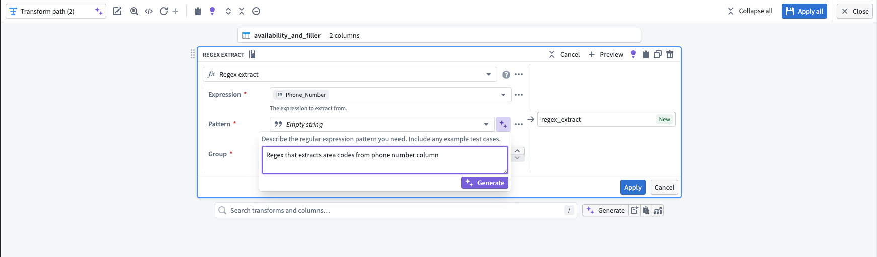 The AIP regex helper in a transform.