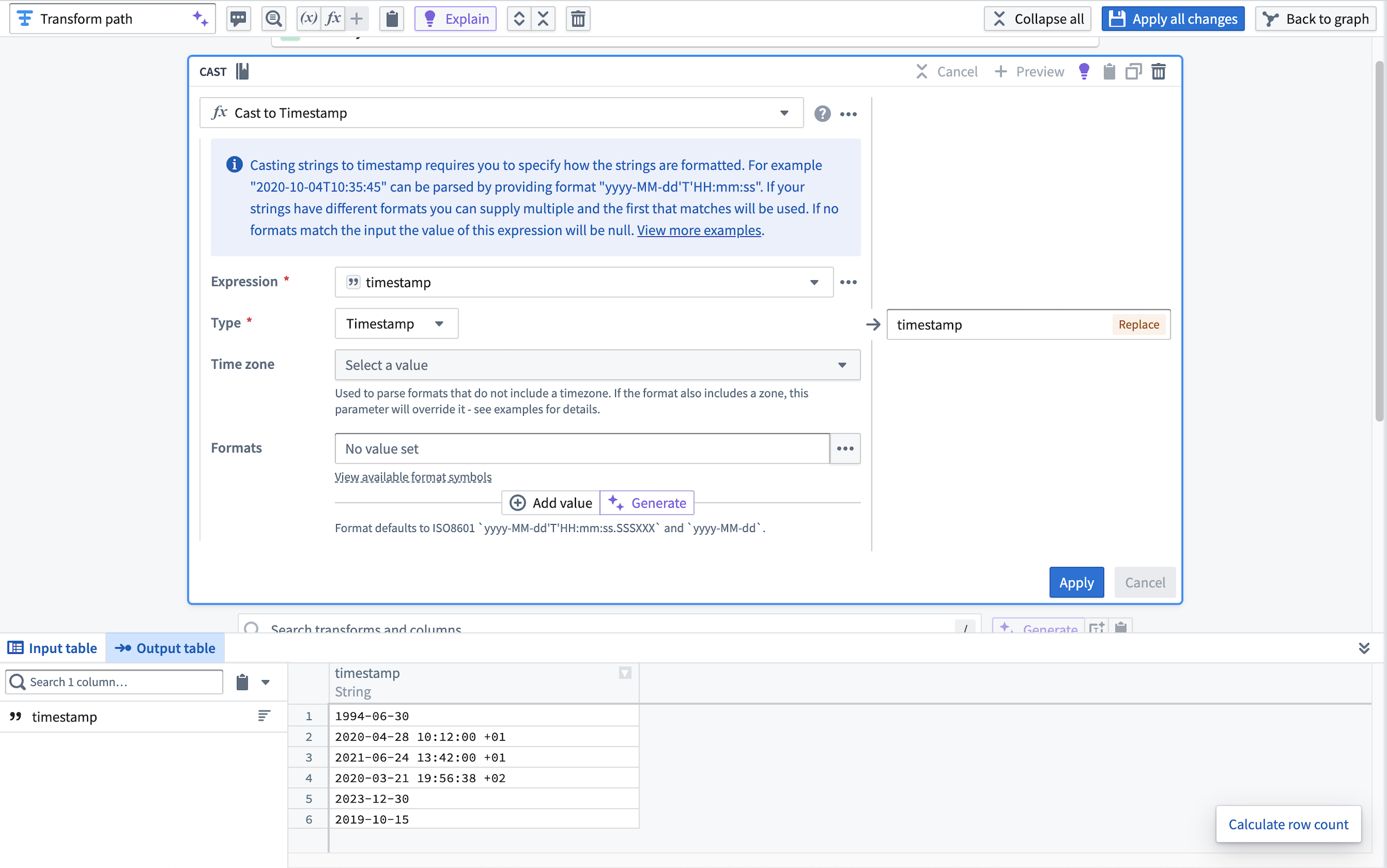 An example of a cast to timestamp board in Pipeline Builder.