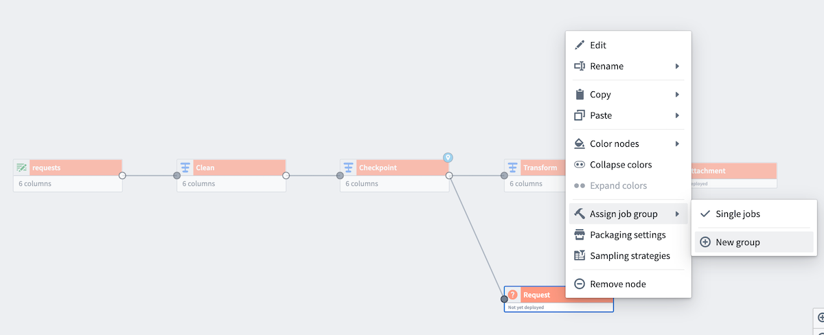 Use the node menu to assign an output node to a job group.