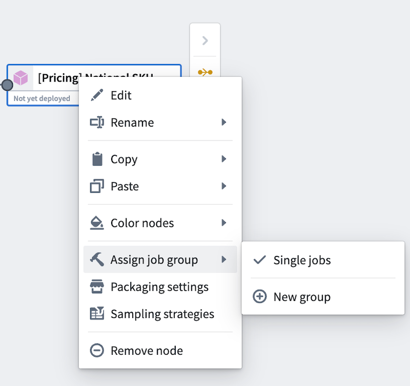 View of node menu for batch pipelines