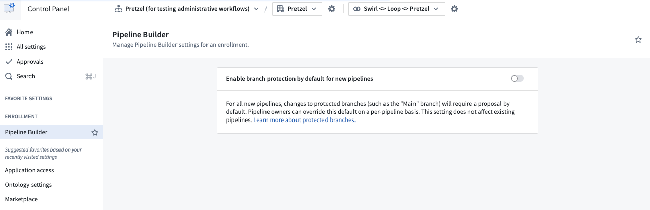 Screenshot of where to configure enrollment-level branch protection.