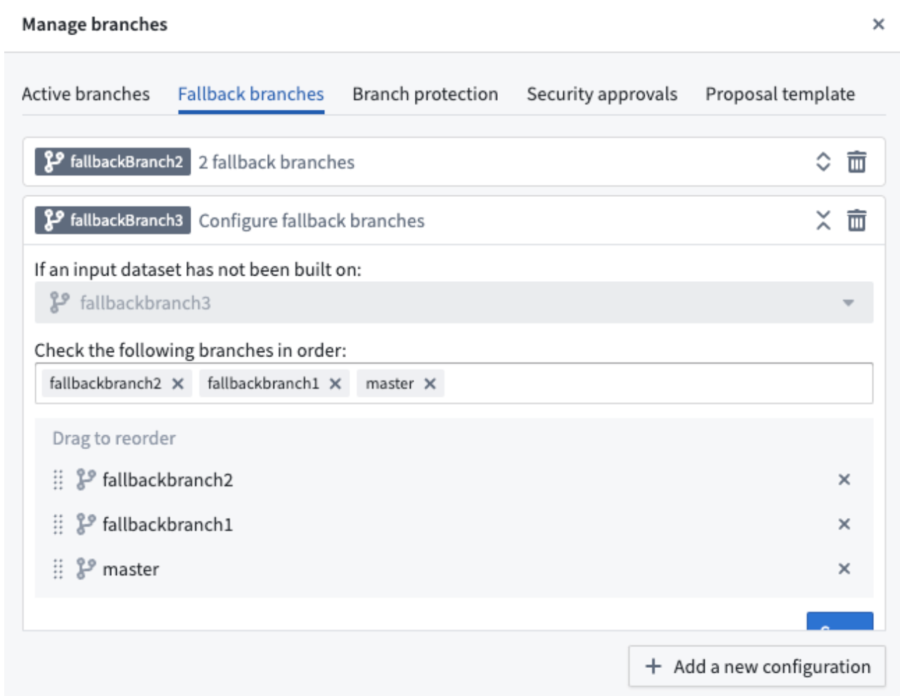 Screenshot of fallback branches configuration change.