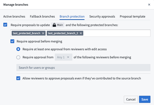 Screenshot of where to configure multiple protected branches.