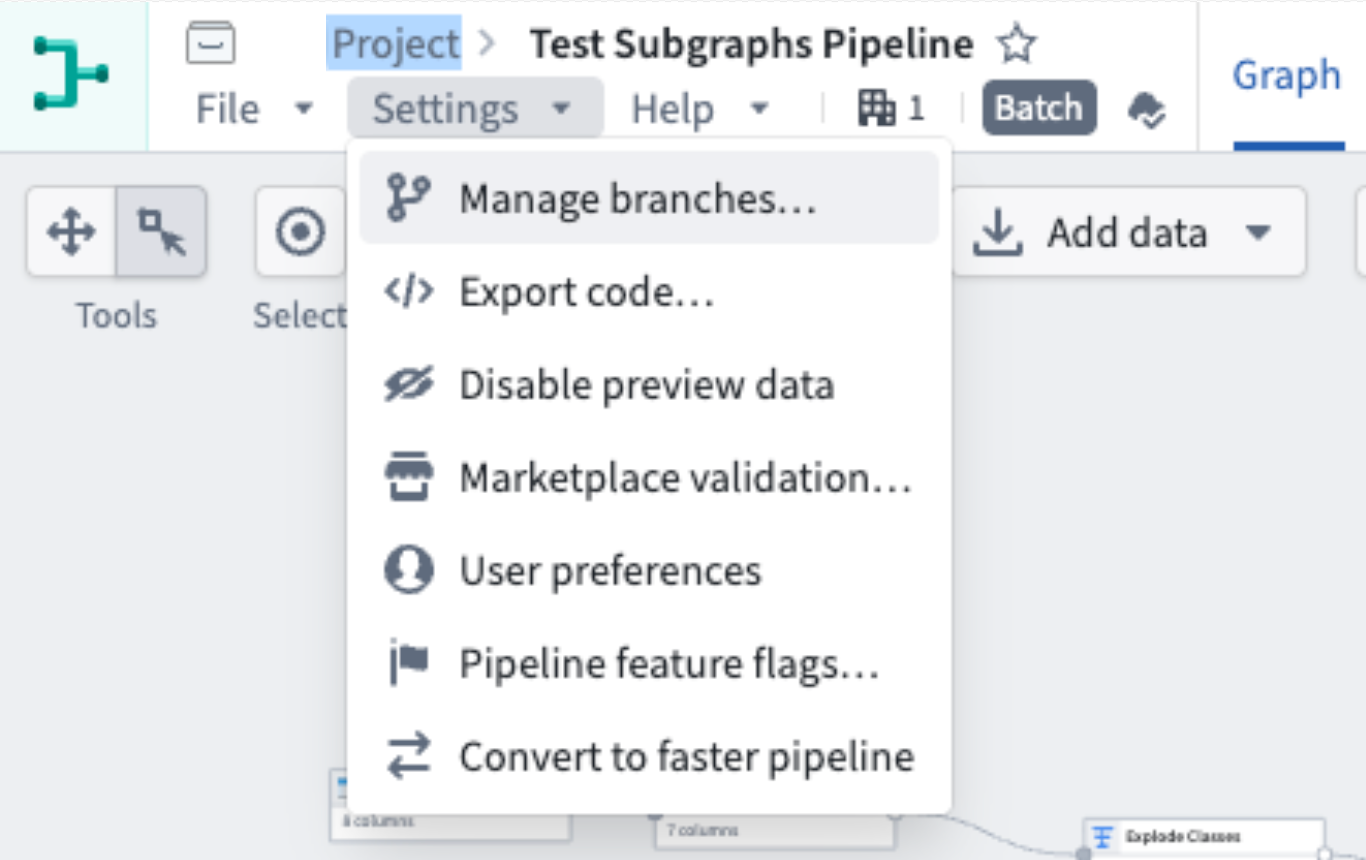The "Manage branches" option under "Settings".