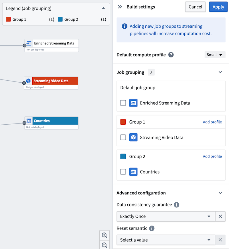 View of Build Settings panel in streaming pipelines.