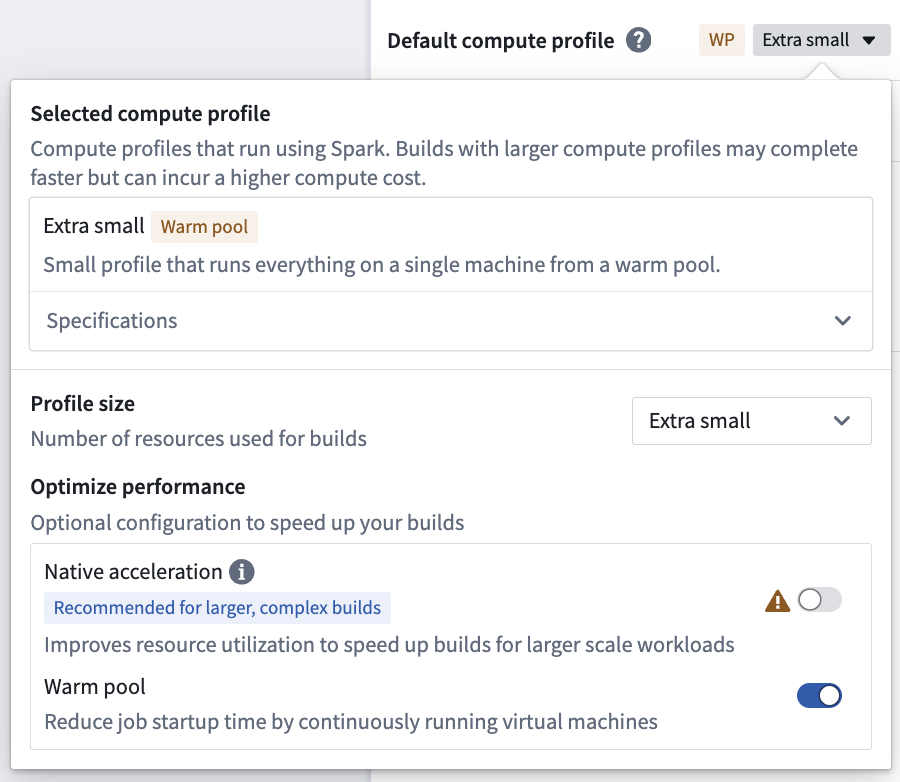 Screenshot of the warm pool option in Build settings
