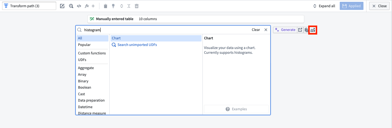 The transforms search bar, as well as the "Visualize" icon to the right.