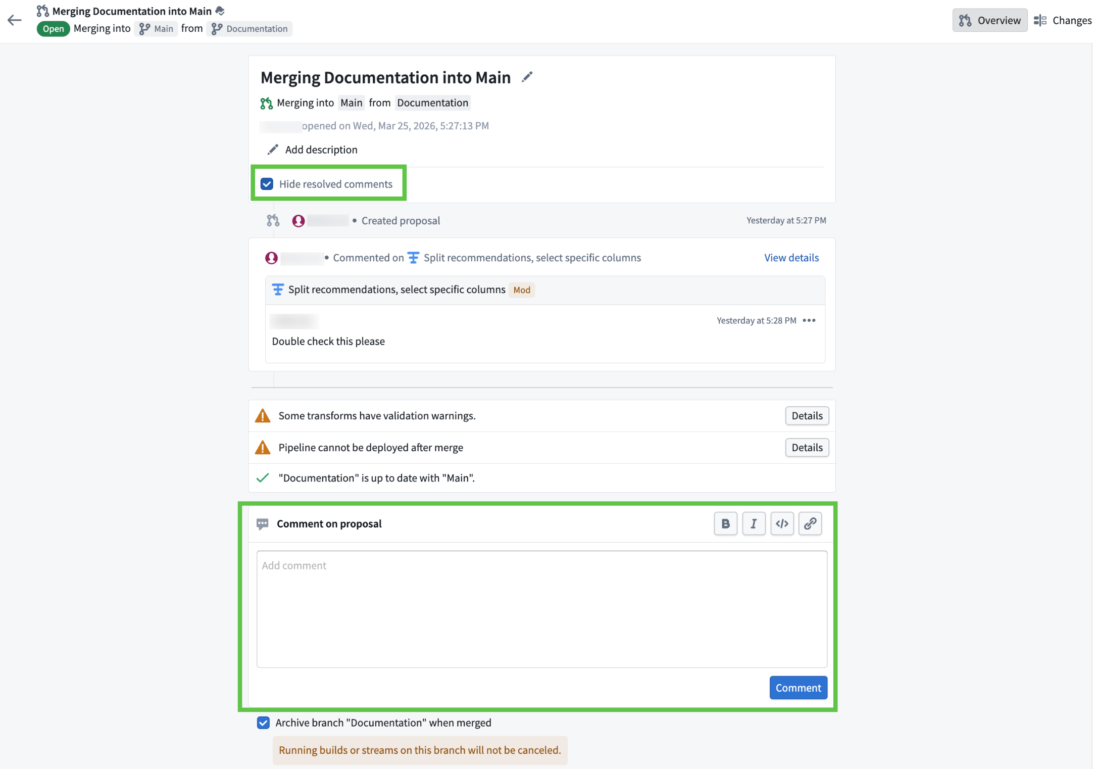 Screenshot showing comments on the overview page.
