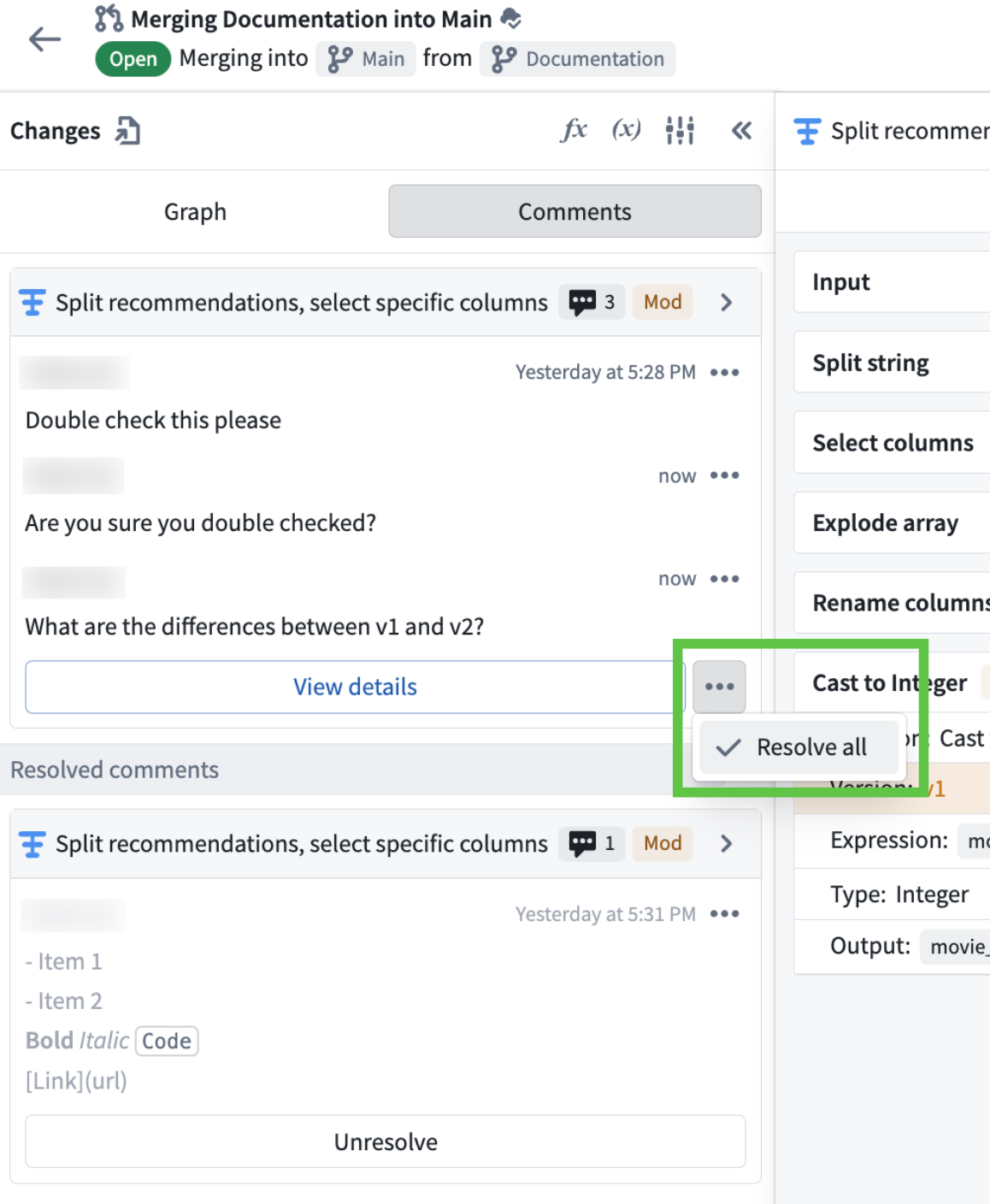 Screenshot of resolving all comments.