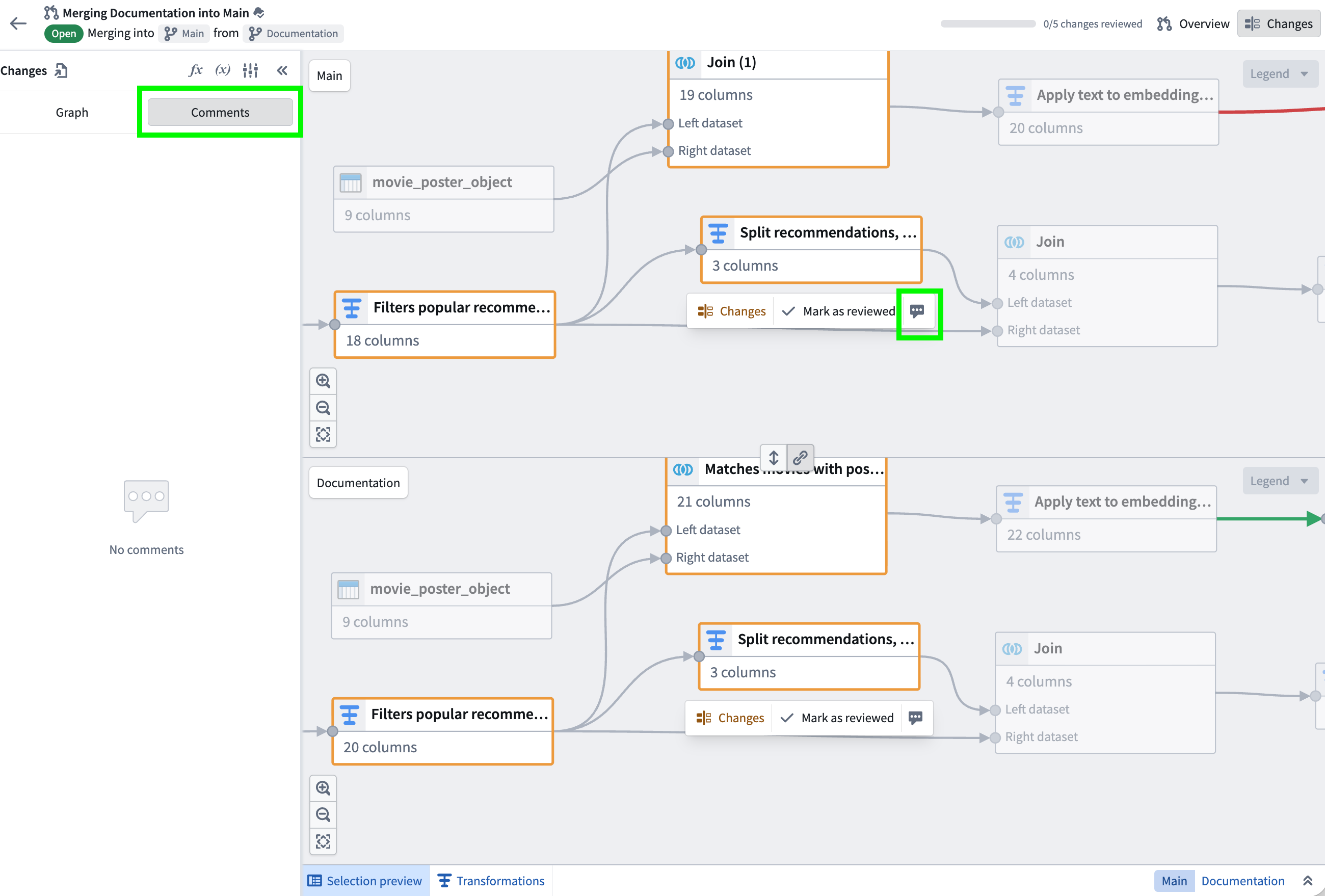 Screenshot showing comments in the changes tab.