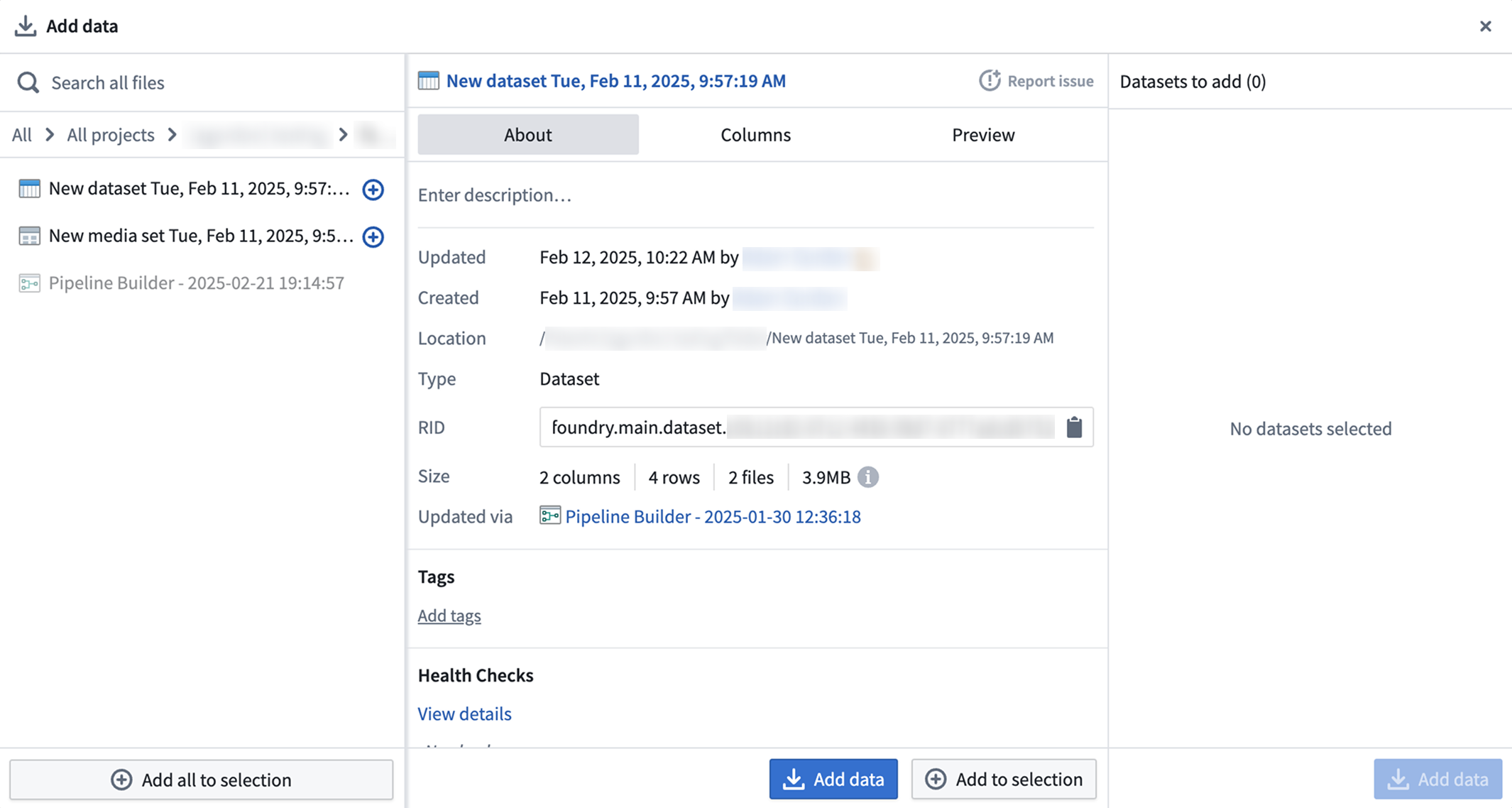 Screenshot of add datasets button