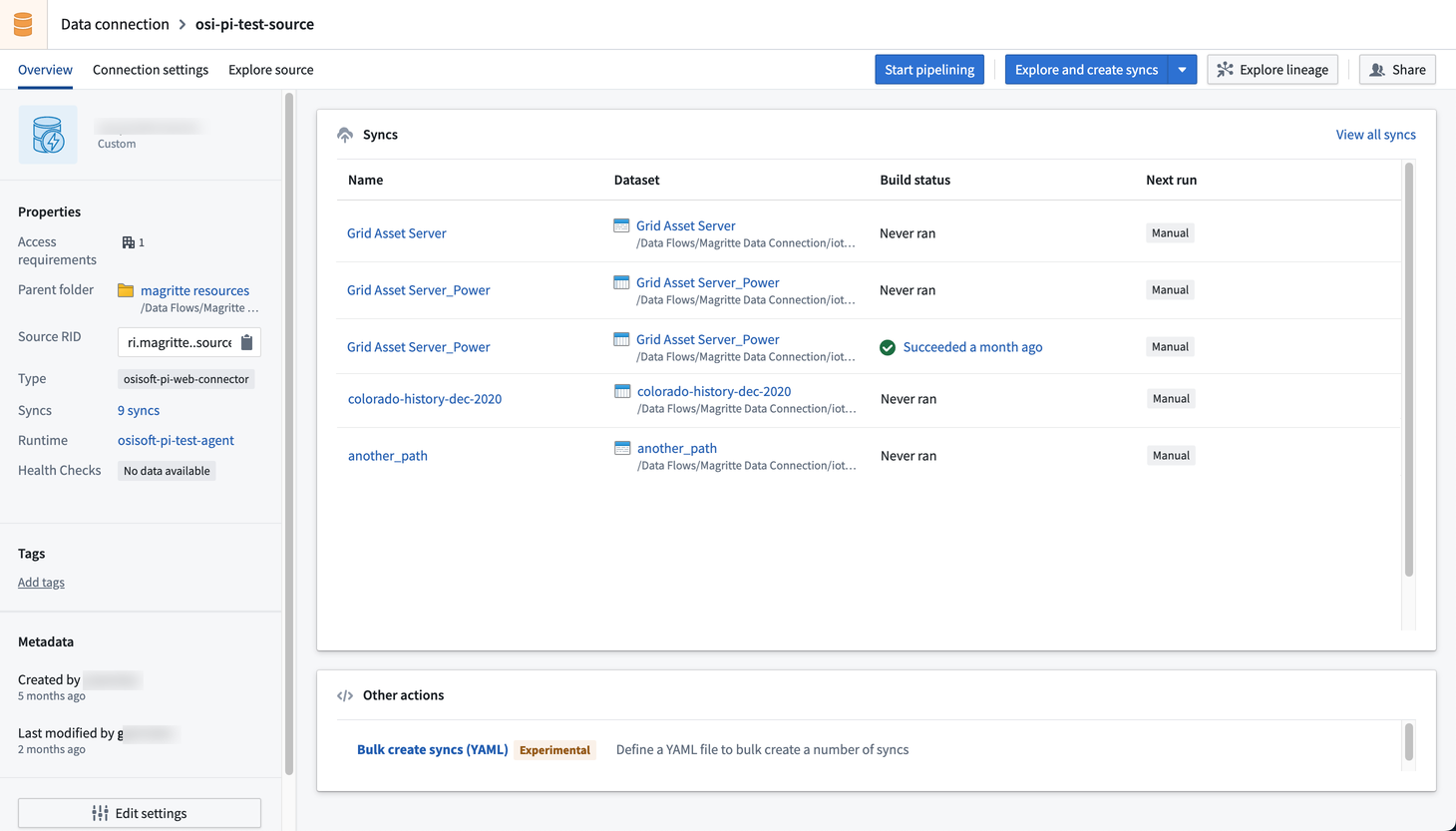 Screenshot of sample data connection