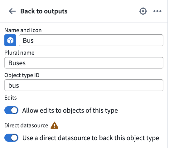 The direct datasource output configuration in Pipeline Builder, with the options to Use a direct datasource to back this object type and Allow edits to objects of this type enabled.