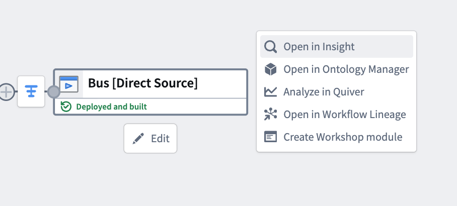 A section of a Pipeline Builder graph displaying a direct datasource object type node that appears as a streaming dataset. The menu when selecting the node shows options to open the object type in various platform applications.