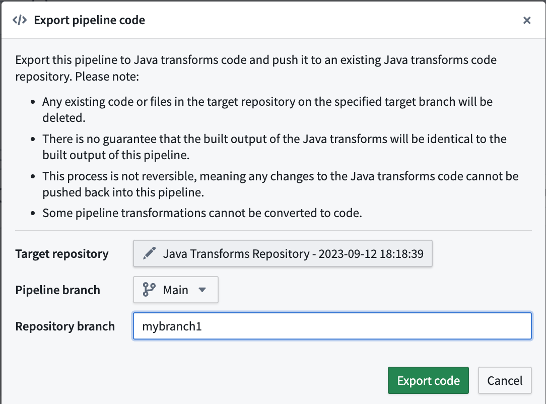 The Export pipeline code pop-up window where you can specify the target repository and the host and target branches for the export. 