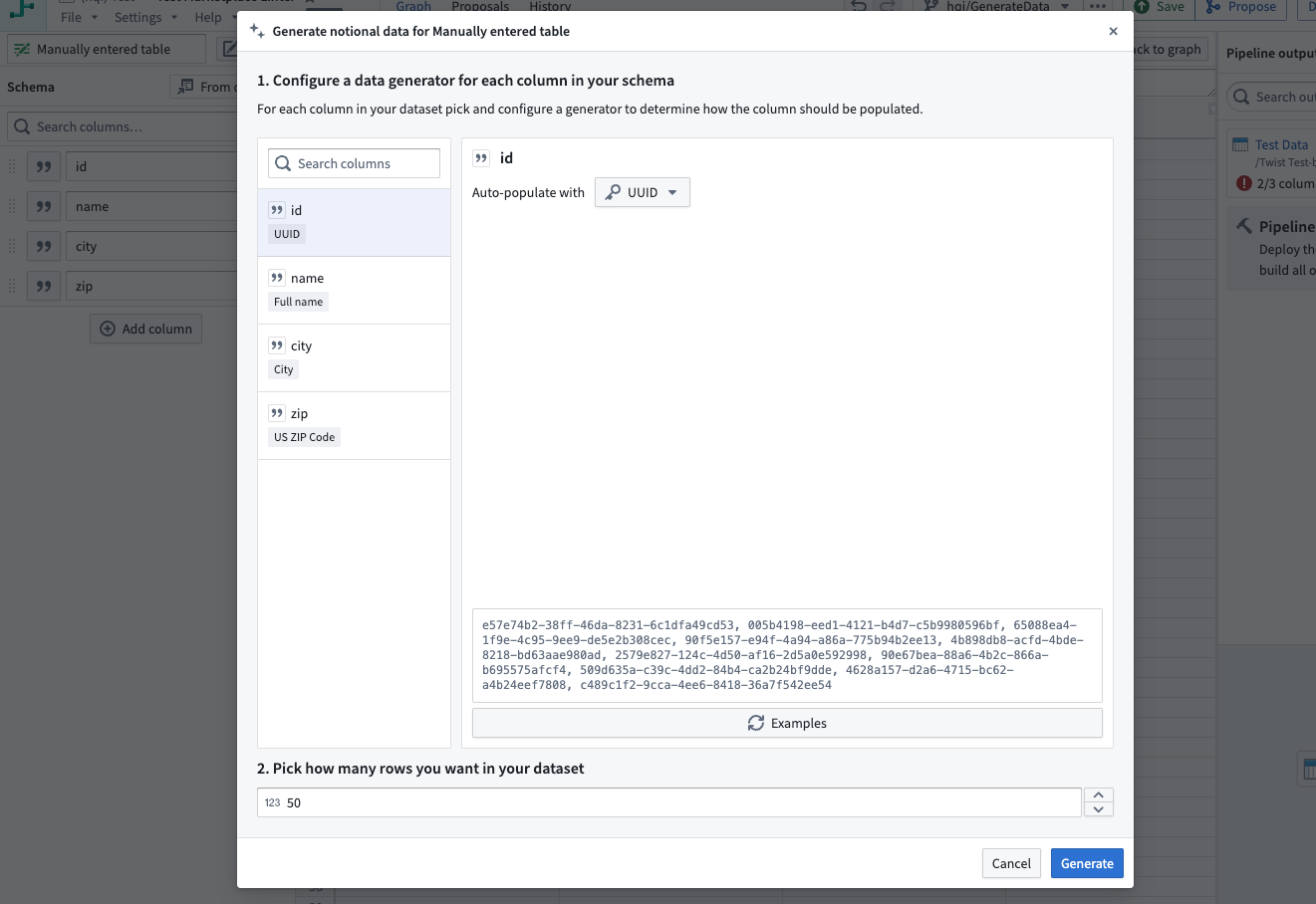 Select a set of notional data for your data table.