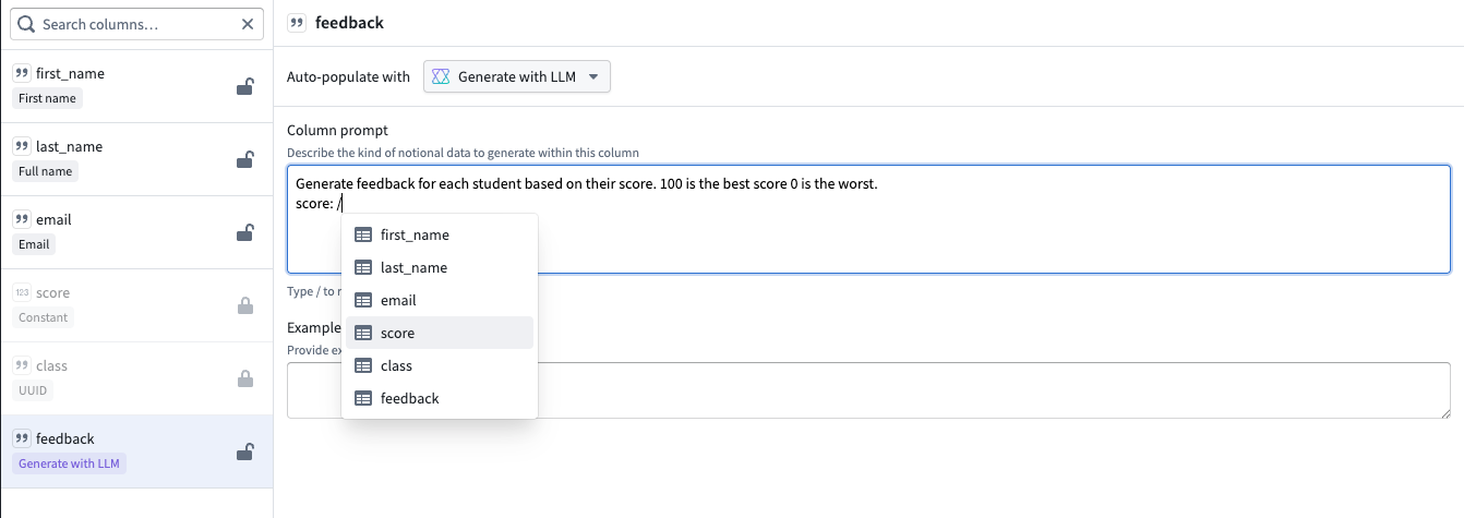 Example column prompt with a reference to an existing column.