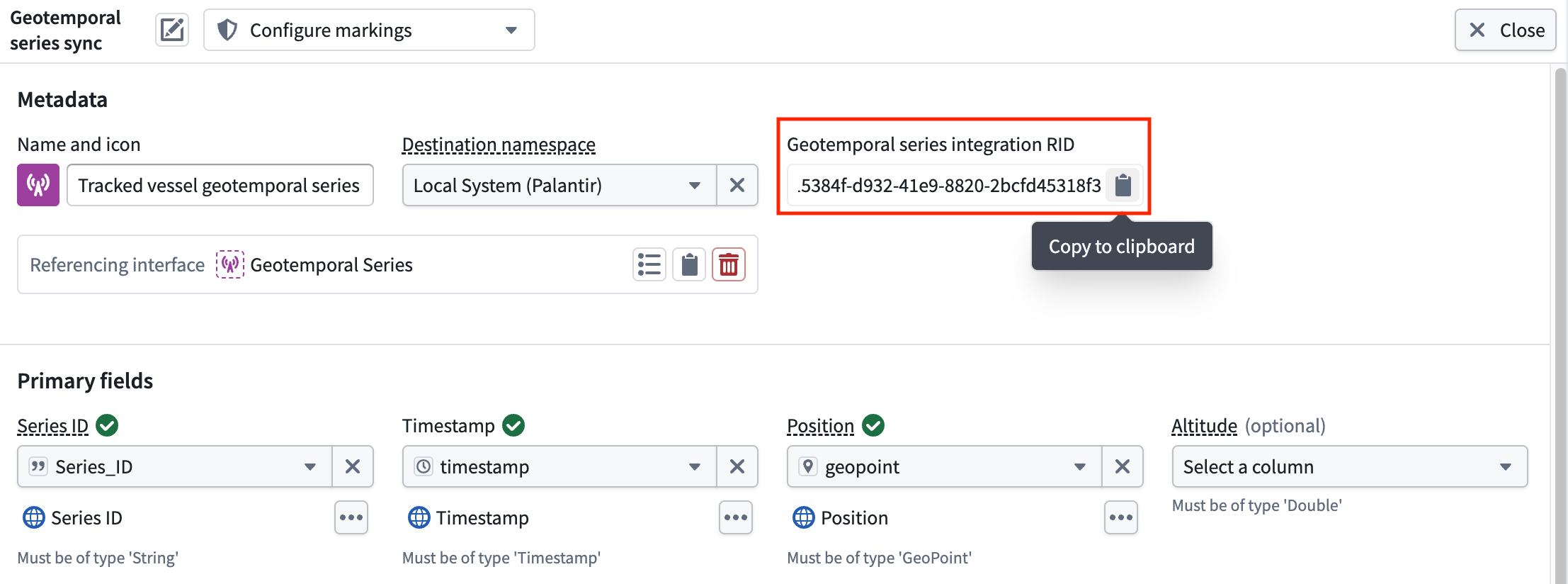 The geotemporal series sync header section with a RID after deployment.