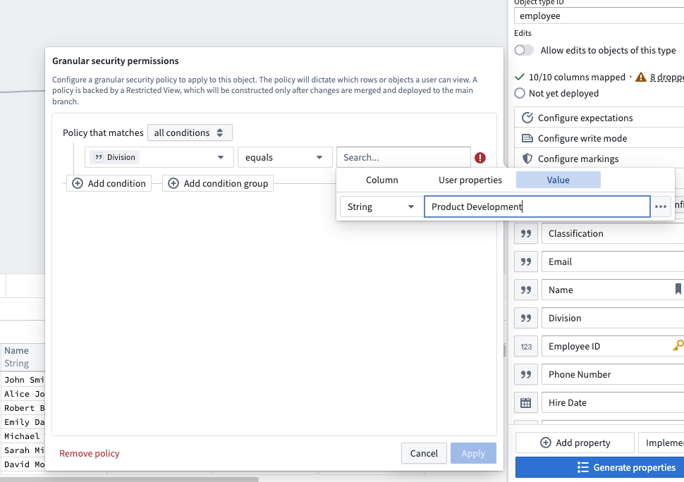 Example of a granular security permission configuration.