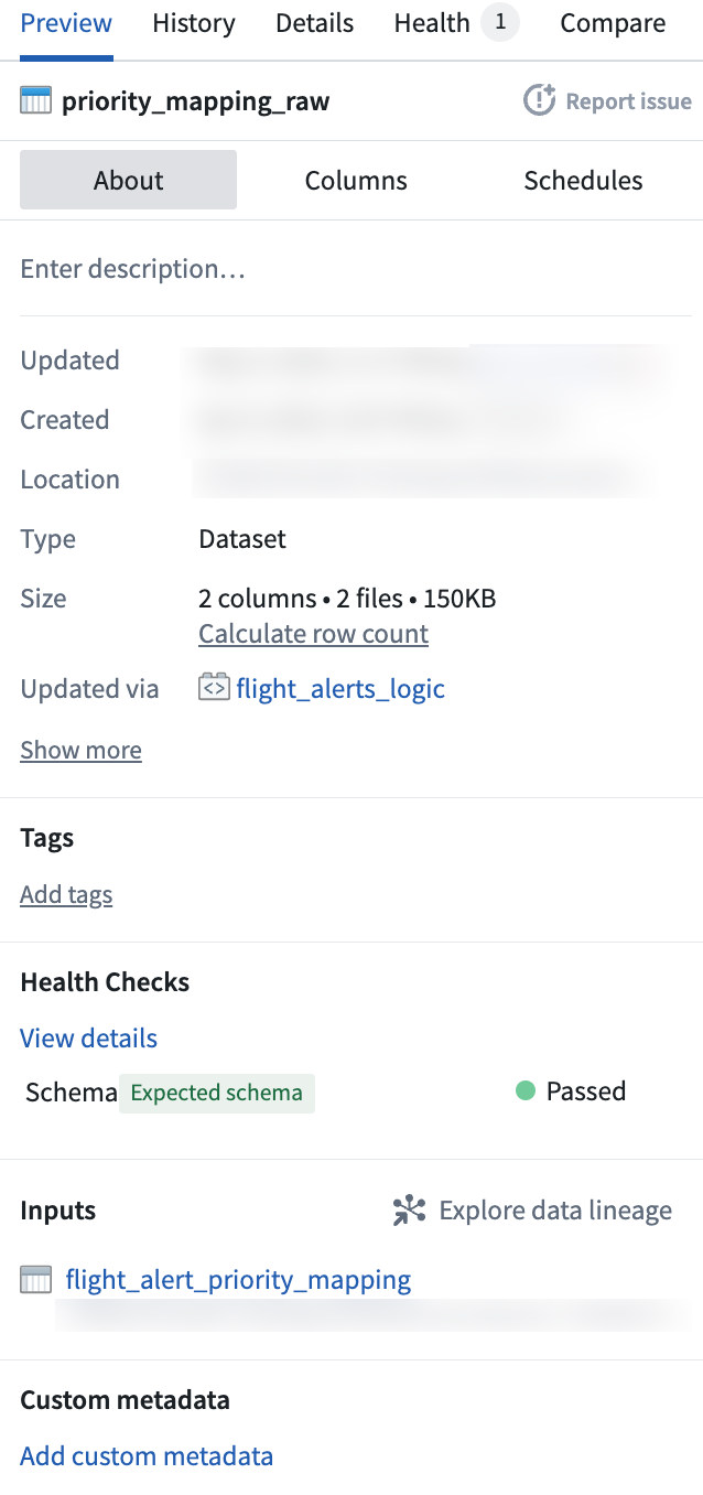 Screenshot of data preview pane showing the health checks section
