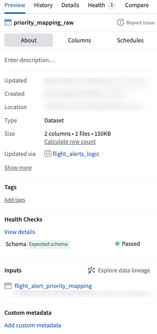 Screenshot of data preview pane showing the health checks section