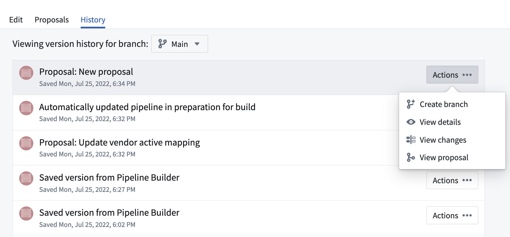 Screenshot of the history tab actions dropdown