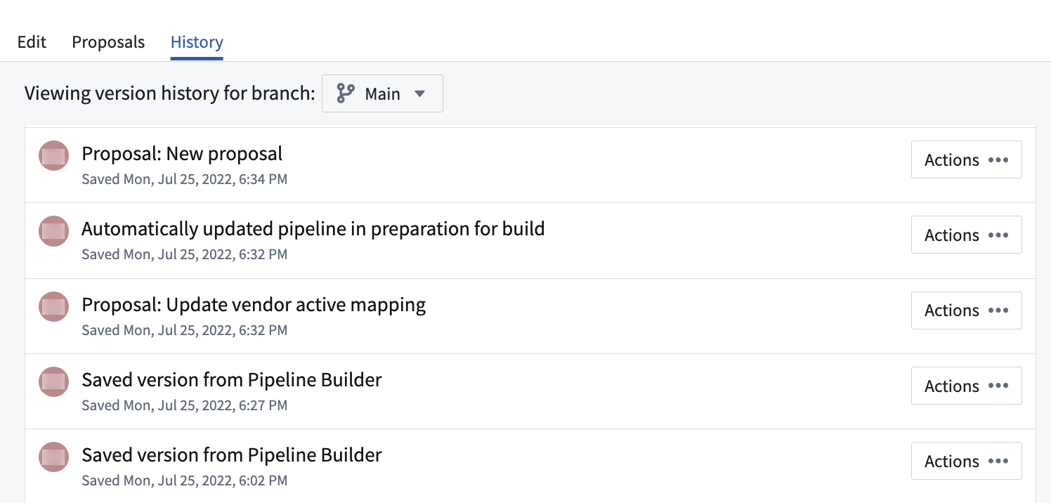 Screenshot of the history tab