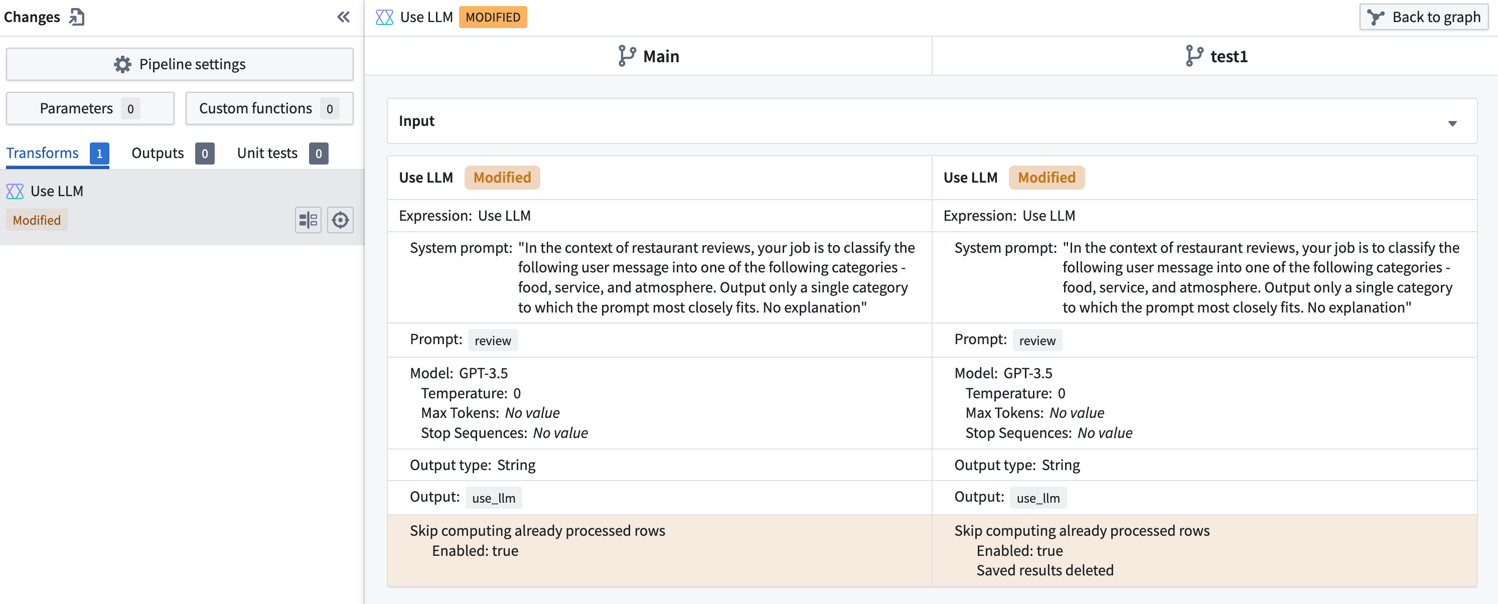 The Changes page which shows the saved cache resulting being deleted for a use llm node.